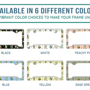 May include: Six different colour options for a number plate frame featuring a frog pattern. The colours are black, white, peachy pink, blue, yellow, and sage green.