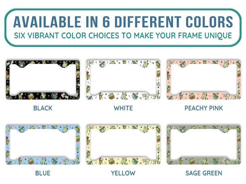 May include: Six different colour options for a number plate frame featuring a frog pattern. The colours are black, white, peachy pink, blue, yellow, and sage green.