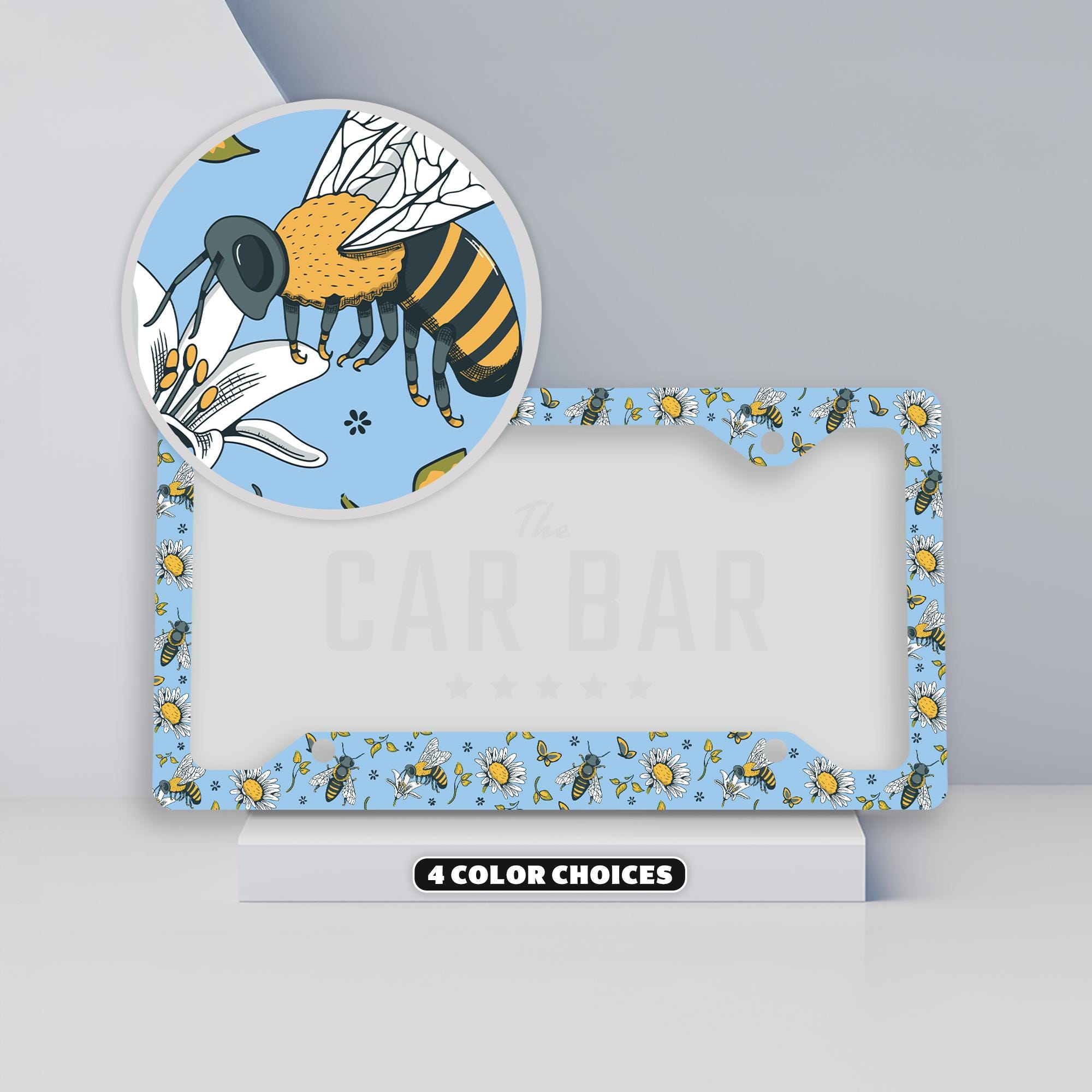 Honey Bee License Plate Frame, Blue Bumblebee Floral Plate Cover
