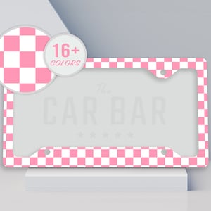Checkered License Plate Frame, Retro Pink License Plate Cover, Cute Car Accessories for Women, Trendy 90s Pink Car Decor, Girly Gift for Her