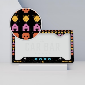 Funny Arcade Retro License Plate Frame, Classic Gamer Gift, Alien Space Game Plate Cover, Unique Fun Car Accessories for Men & Women Gamers
