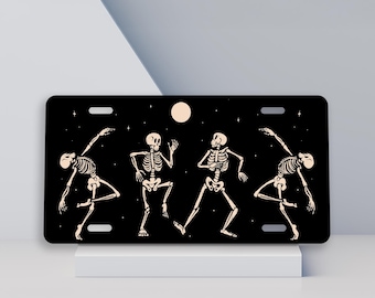 Dancing Skeletons Black License Plate, Cute Halloween Car Decor, Spooky Car Accessories for Women, Cool Gifts for Mom, Gothic Gift Daughter