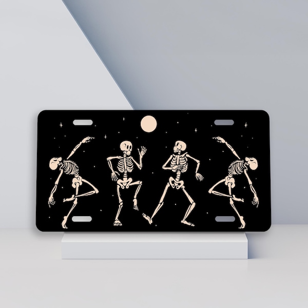 Dancing Skeletons Black License Plate, Cute Halloween Car Decor, Spooky Car Accessories for Women, Cool Gifts for Mom, Gothic Gift Daughter