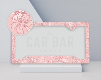 Pink License Plate Frame, Elegant Floral Car Decor, Flower Car Accessories for Women, Girly Gift Ideas for New Driver, Classy Mom, 4 Colors