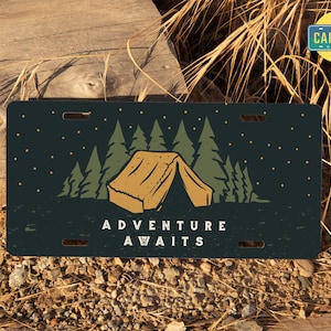 Adventure Awaits License Plate, Camping Car Decor, SUV Accessory, Outdoorsy Gift Idea, RV Car Accessories for Men & Women, Nature Lover Gift