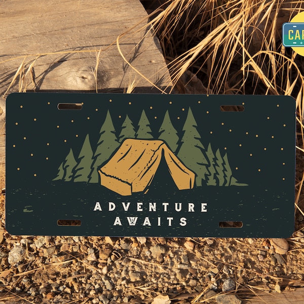 Adventure Awaits License Plate, Camping Car Decor, SUV Accessory, Outdoorsy Gift Idea, RV Car Accessories for Men & Women, Nature Lover Gift