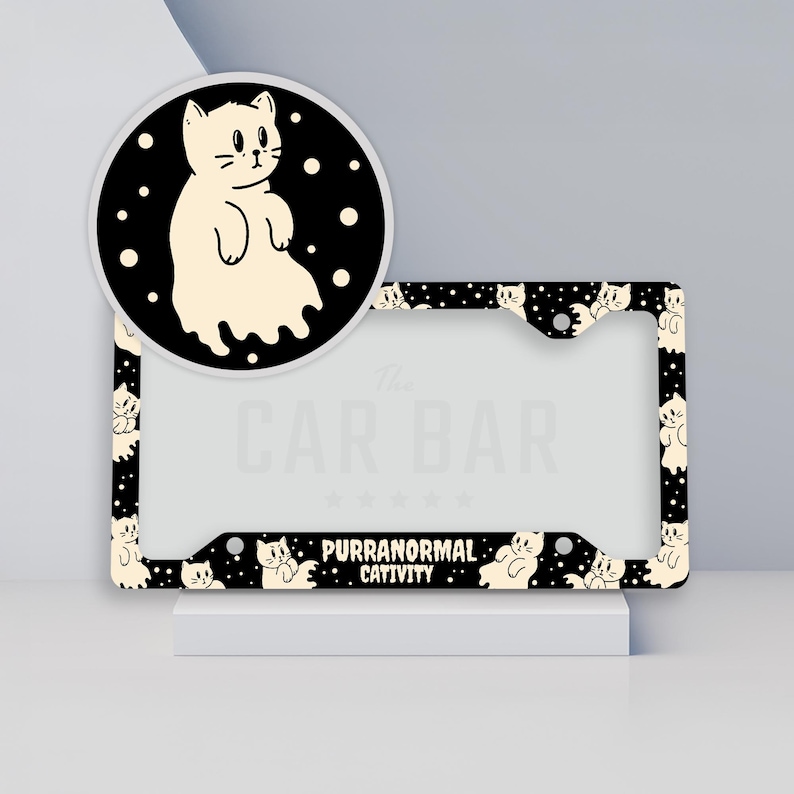 Marco de matrícula de gato divertido, bonito accesorio de Halloween para coche para mujer, decoración espeluznante para coche, regalos para mamá gata, cubierta de matrícula de gato fantasma imagen 1