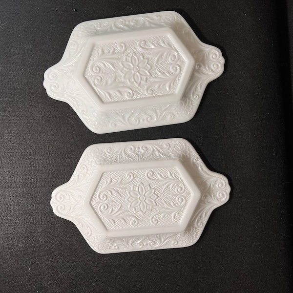 Vintage, White Milk Glass 6 Sided Scroll Sandwich Dish 9x5.5” -2 available