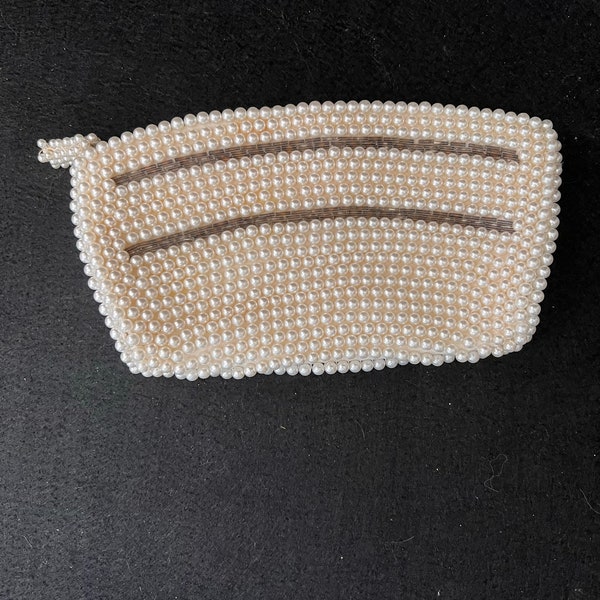 Early La Regale, Japan Pearl Bead Encrusted, Zip Top Clutch Bag, Bugle Bead Insets,