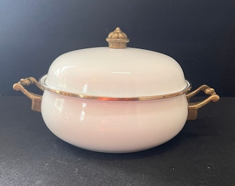 Vintage White enamel cookware pot/ Dutch oven 4 QT, brass or copper hardware