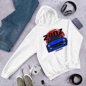 Front Blue 240Z White Hoodie // jdm classic Car, Automotive Apparel for Car Guys, Gift for Farilady Z Lover