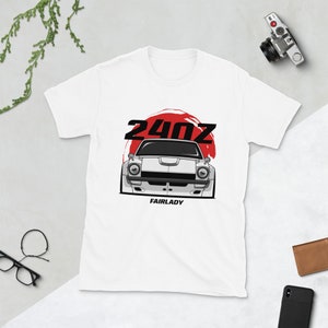Front White 240Z Unisex T-Shirt // Jdm Classic Car, Automotive Apparel for Car Guys, Gift for Fairlady Z Enthusiasts