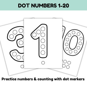 Pode incluir: Folhas de trabalho imprim&iacute;veis em preto e branco com os n&uacute;meros 1, 3 e 10 com c&iacute;rculos para marcadores de pontos. O texto "DOT NUMBERS 1-20" e "Practice numbers & counting with dot markers" est&aacute; inclu&iacute;do.