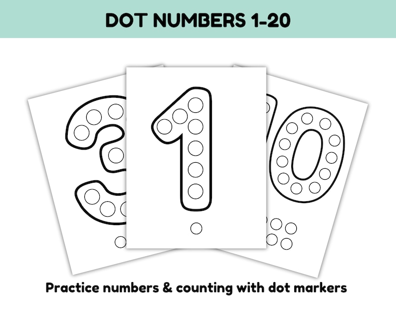 Pode incluir: Folhas de trabalho imprim&iacute;veis em preto e branco com os n&uacute;meros 1, 3 e 10 com c&iacute;rculos para marcadores de pontos. O texto "DOT NUMBERS 1-20" e "Practice numbers & counting with dot markers" est&aacute; inclu&iacute;do.