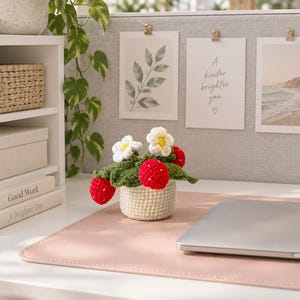 Crochet Strawberry Plant, Handmade Flower Pot Decor, Cute Desk Decor, Fully Crochet Plant, Artificial Flower, Handmade Gift, Medium Size