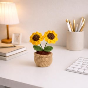 Girassol de crochê, vaso de flores artesanal, flor artificial, decoração de mesa charmosa, presente de planta de crochê, pequeno presente artesanal