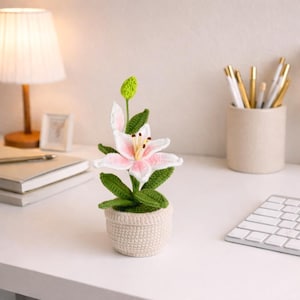 Crochet Lily Flower Pot, Handmade Flower Potted Plant, Fully Crochet Flower, Desk and Room Decor, Gift for Moms, Cute Handmade Gift