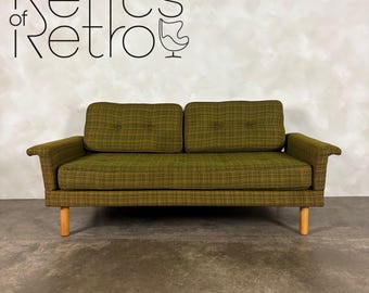 Mid Century Scandinavian Sofa Bed In Olive Green Wool Vintage Retro MCM