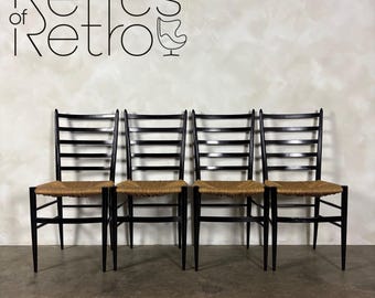 Set Of Four Italian Gio Ponti Style Ebonised Black Ladderback Dining Chairs Mid Century Vintage Retro MCM
