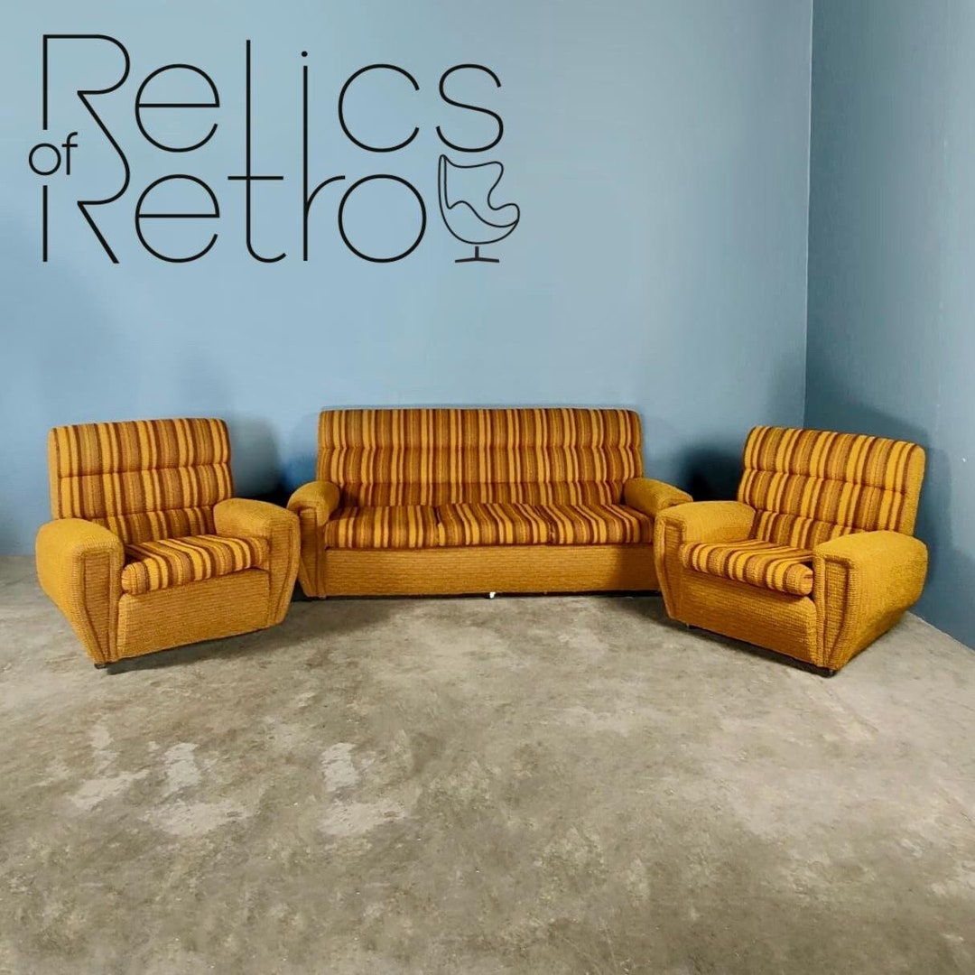 Mid Century Retro Orange and Yellow Striped Sofa and Armchairs Etsy UK