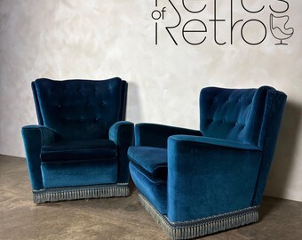 Mid Century Pair Of His & Her Blue Armchairs Vintage Retro MCM