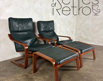 Pair Of Vintage Ikea Poäng Poem Armchairs & Matching Footstools Green Leather Mid Century Retro MCM