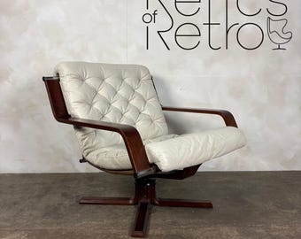 Scandinavian Swivel Leather Lounge Chair Mid Century Vintage Retro MCM