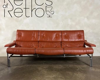 Mid Century Pieff Alpha Tan Brown Leather Three Seater Sofa Vintage Retro MCM