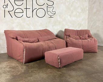 Pink Two Seater Sofa, Armchair & Footstool Annie Hiéronimus Ligne Roset 1980 Post Modern Cinna Mid Century Vintage Retro MCM