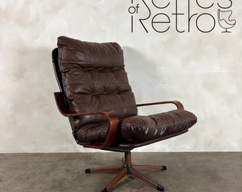 Scandinavian Swivel Brown Leather Lounge Chair Mid Century Vintage Retro MCM