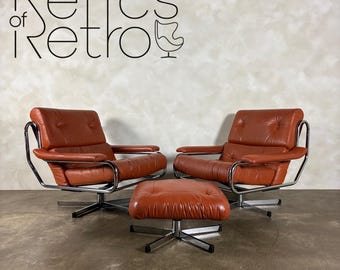 Mid Century Pieff Alpha Tan Brown Leather Two Swivel Lounge Chairs With Footstool Vintage Retro MCM