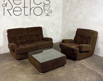 Mid Century Modular Brown Two Seater Sofa & Armchair With Coffee Table Vintage Retro MCM