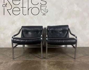 Pair Of Pieff Beta Lounge Chairs In Black Leather Mid Century Vintage Retro MCM