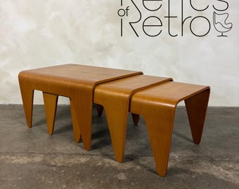 Marcel Breuer For Isokon Set Of Three Bent Beech Plywood Nesting Tables 1960s Mid Century Vintage Retro MCM