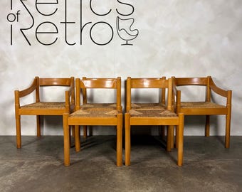 Set Of Six Carimate Rush & Beech Dining Chairs Vico Magistretti Cassina Habitat Mid Century Vintage Retro MCM