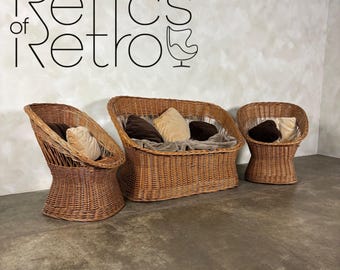 1970s Rattan Sofa & Pair Of Lounge Chairs Mid Century Vintage Retro MCM