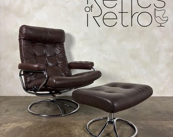 Mid Century Leather Norwegian Ekornes Brown Stressless Swivel Armchair & Footstool Vintage Retro MCM