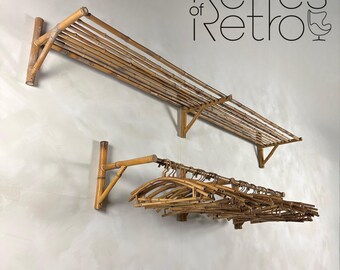 Mid Century Vintage Bamboo Wall Shelf & Hanging Rail With Coat Hangers Retro MCM