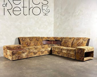 Mid Century Modular Brown Four Seater Floral Corner Sofa Vintage Retro MCM