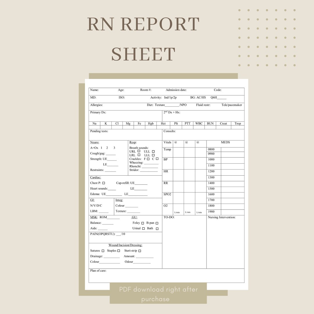 RN Nurse Report Sheet - Etsy