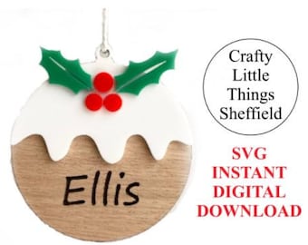 SVG Christmas Pudding tag Digital Download Tree Ornament laser cut file svg XTool Glowforge Cricuit lightburn instant pattern