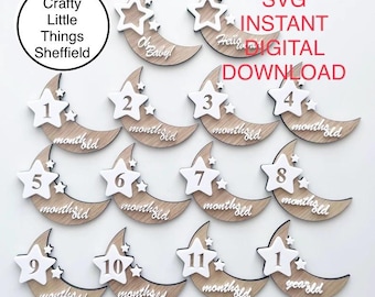SVG Marcador de fotos de hitos del bebé Luna Estrella Mes Accesorio para fotos Corte láser Archivo digital XTool Glowforge Cricut Lightburn Descarga instantánea