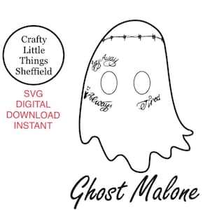 Może przedstawiać: Czarno-biała liniowa ilustracja ducha z napisem "Stay Away", "Always" i "Tired" na nim. Duch ma opaskę z drutu kolczastego. Napis "Ghost Malone" znajduje się pod duchem.