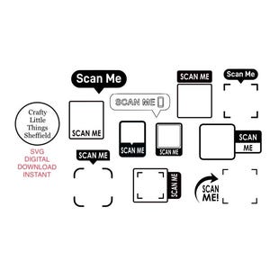Zeskanuj mnie SVG pakiet ramka kod QR svg ikona cricut pliki do cięcia obramowanie kod qr sylwetka tag clipart zapłać cyfrowe pobieranie glowforge