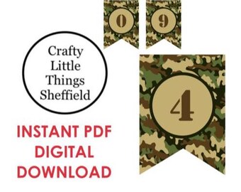 Guirnalda con número de camuflaje militar, decoración de cumpleaños con temática militar (descarga en PDF)