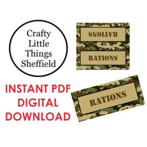 Puede incluir: Gráfico de descarga digital con el texto "Crafty Little Things Sheffield" en un círculo negro. Debajo, las palabras "INSTANT PDF DIGITAL DOWNLOAD" están en rojo. Rectángulos con estampado de camuflaje que dicen "RATIONS" y "SNOITAR".