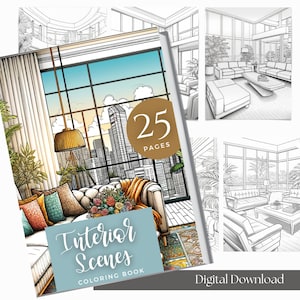 May include: A digital download colouring book featuring 25 interior scenes. The cover shows a colourful illustration of a living room with a sofa, plants, and a window with a city view. The title of the book is "Interior Scenes Colouring Book".