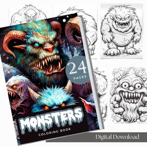 Coloring Book of Monsters | Coloring Books For Procreate | Grayscale Coloring Page | Adult Fantasy Coloring | Monsters Coloring Page