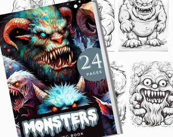 Coloring Book of Monsters | Coloring Books For Procreate | Grayscale Coloring Page | Adult Fantasy Coloring | Monsters Coloring Page