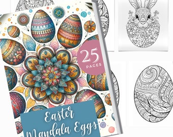 Páginas de libros para colorear de huevos de Pascua / Libro para colorear de conejitos de Pascua / Libro para colorear de mandalas de Pascua / Plantillas de libros para colorear de Pascua / PDF imprimible